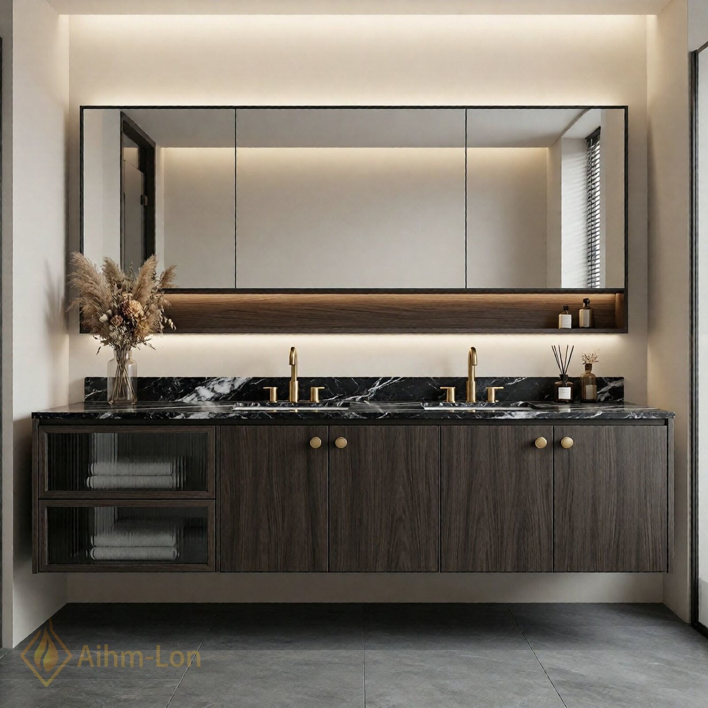 60''-96'' Modern Bathroom Vanity with Sink Double Sink Dark Wood Grained Floating Cabinet