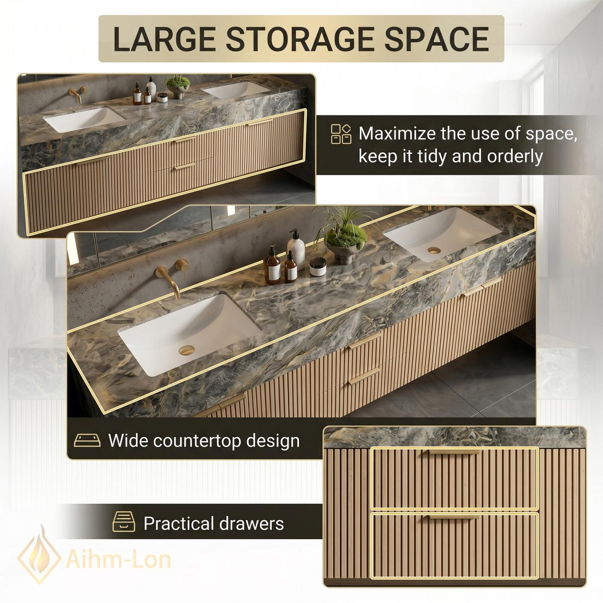 60''-96'' Double Bathroom Vanity with Sink Modern Floating Slatted Wood Front Marble