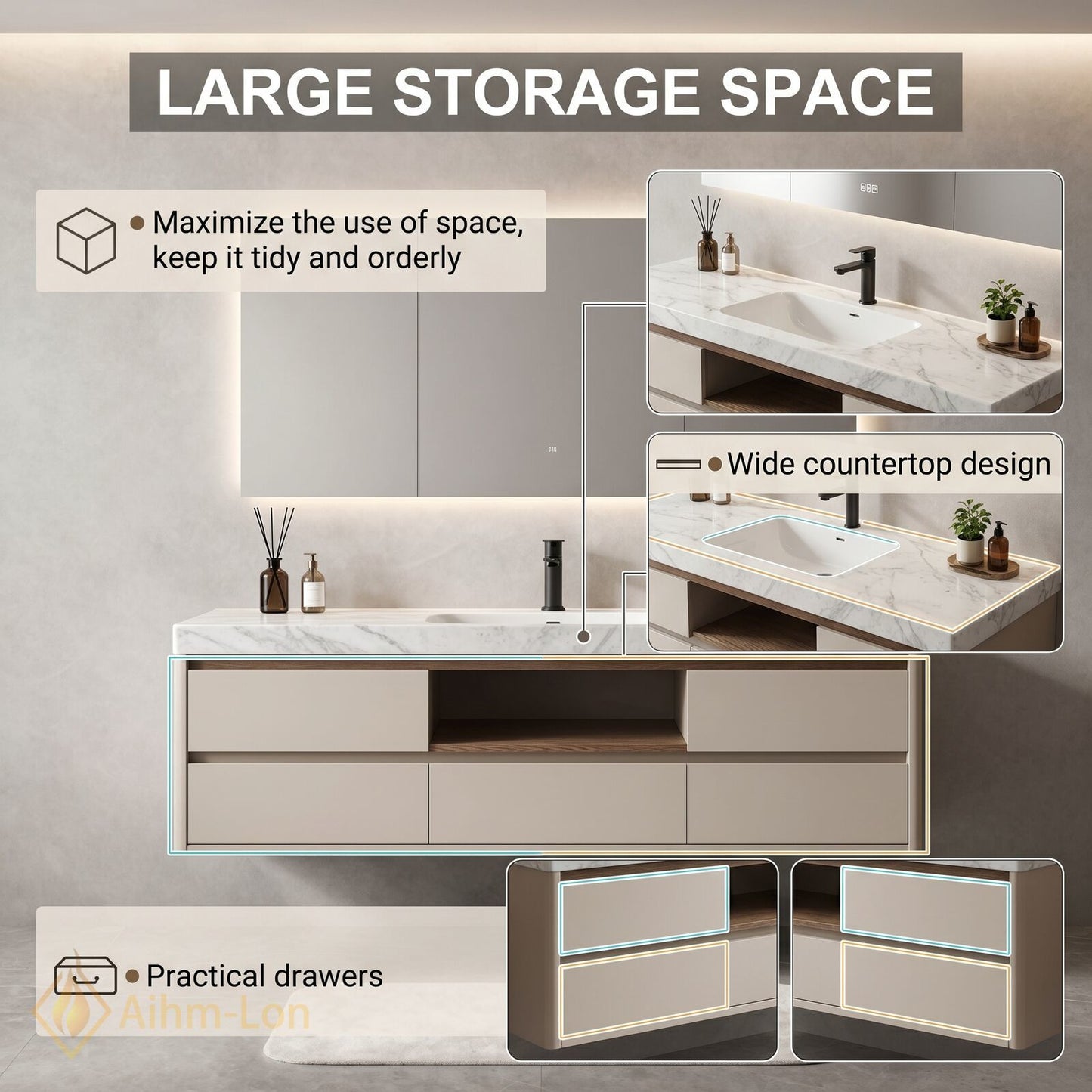 36''-64'' Modern Bathroom Vanity with Sink Marble Top Floating Drawers Central Shelf