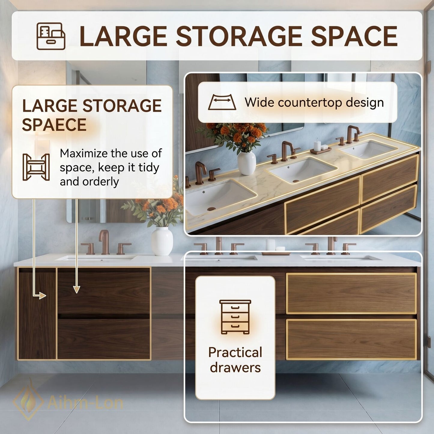 78''-96'' Modern Bathroom Vanity with Sink Floating Dark Walnut Deep Drawers Cabinet