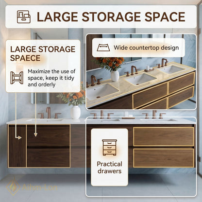 78''-96'' Modern Bathroom Vanity with Sink Floating Dark Walnut Deep Drawers Cabinet
