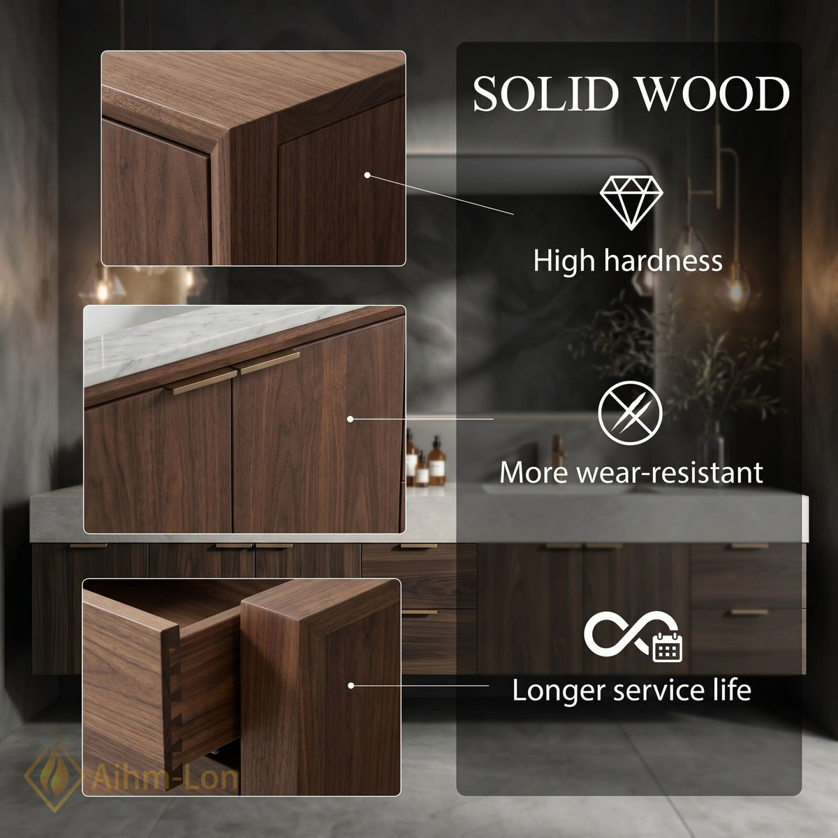 78''-96'' Double Bathroom Vanity with Sink Dark Walnut Finish Slatted Center Storage