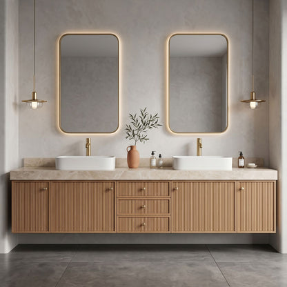 72''-96'' Modern Bathroom Vanity with Sink Fluted Wood Paneling Cream Stone Top