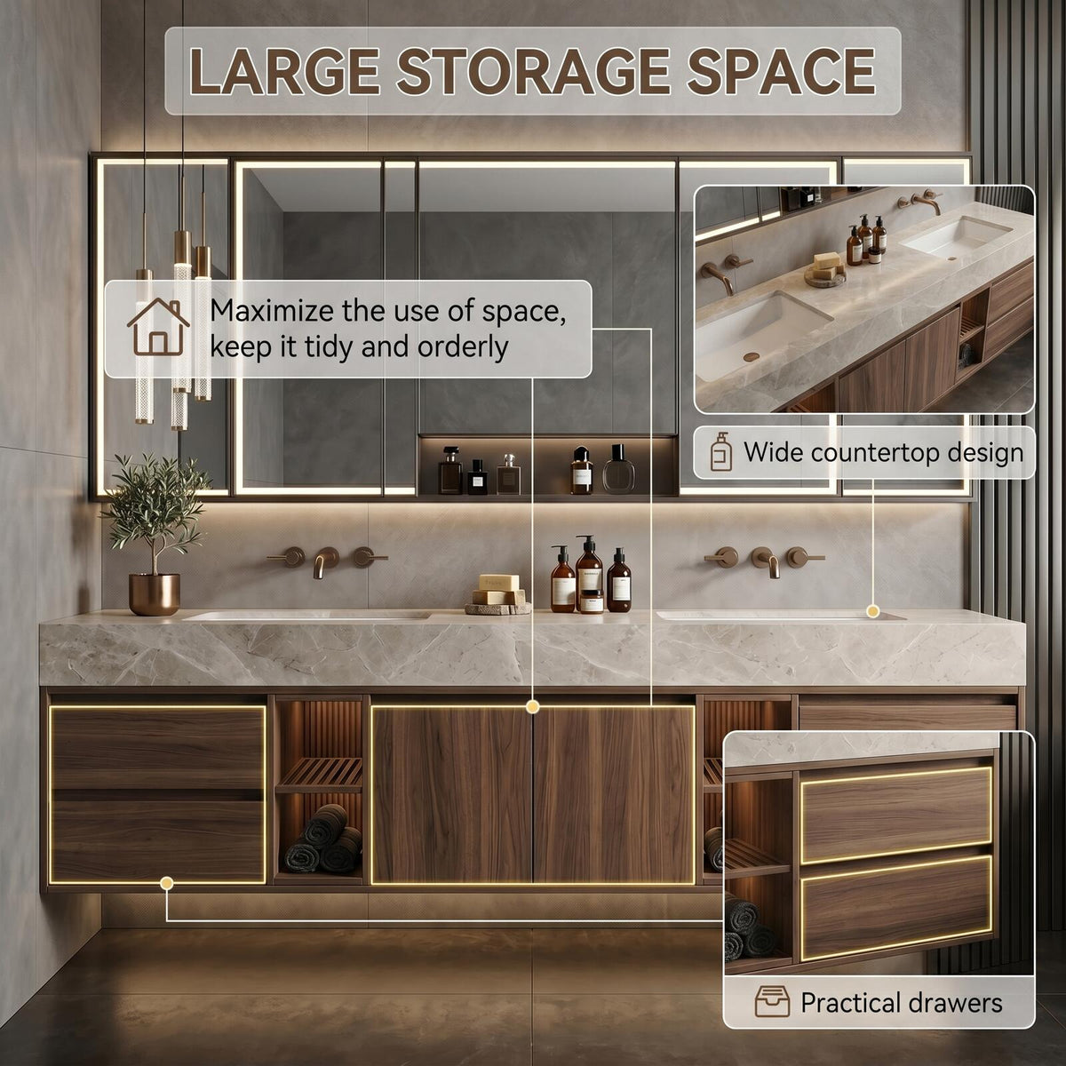 60''-96'' Double Bathroom Vanity with Sink Floating Dark Walnut Slatted Center Open Shelving