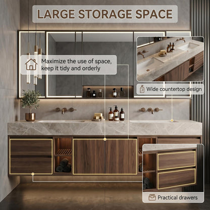 60''-96'' Double Bathroom Vanity with Sink Floating Dark Walnut Slatted Center Open Shelving
