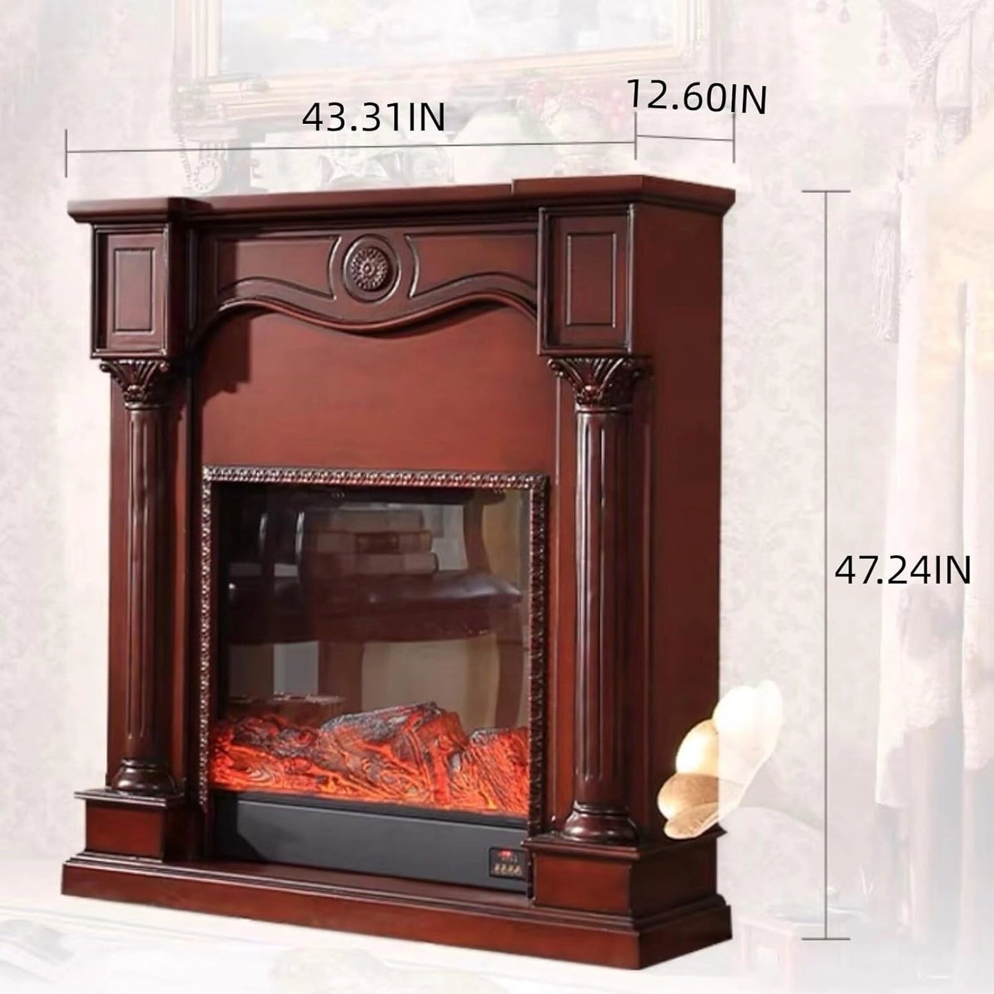 Aihm-Lon Brown Electric Fireplace with Faux Flame and 3D Engraving 43”
