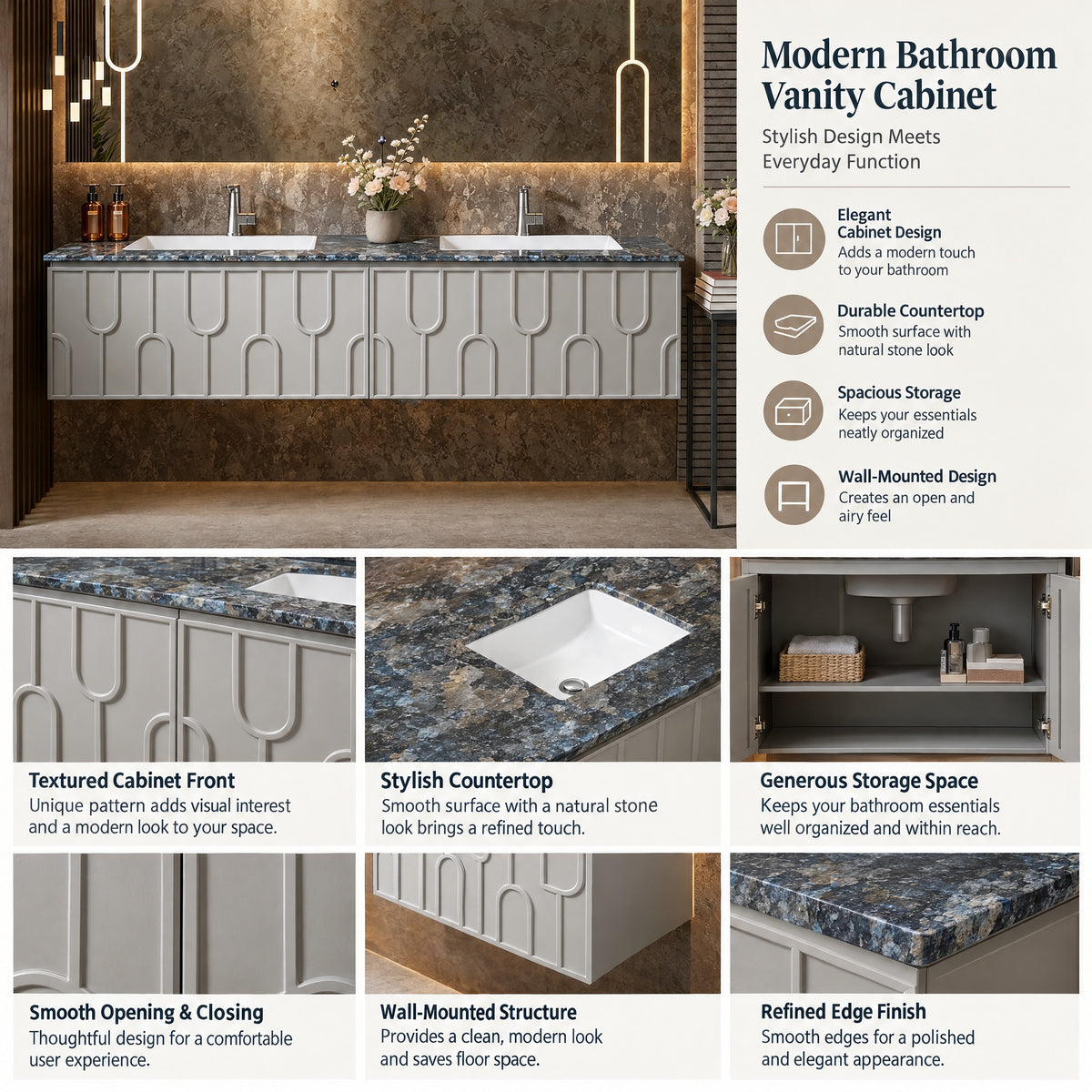 Double Sink Bathroom Vanity with Textured Cabinet Door