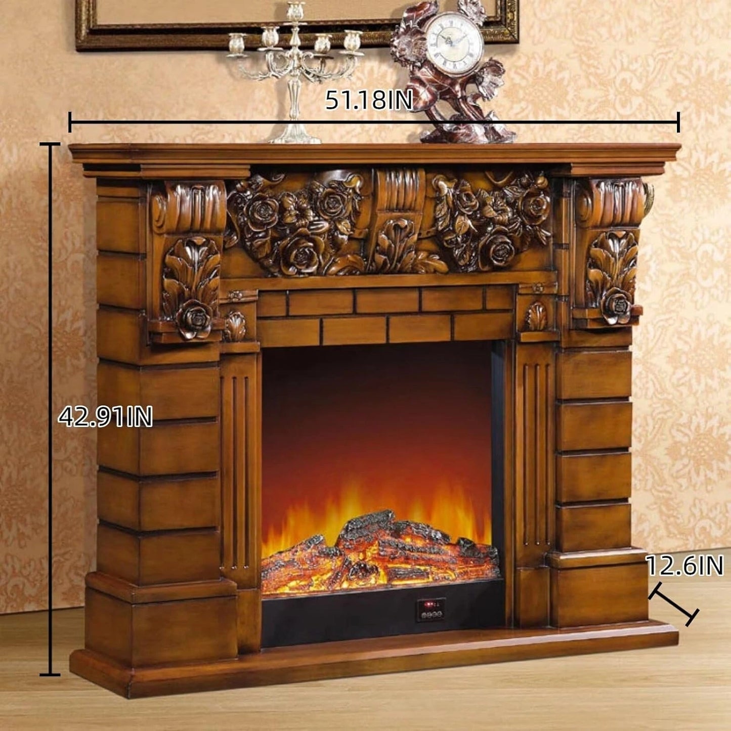 Aihm-Lon Brown Electric Fireplace Includes Vintage Rose Carving 51”