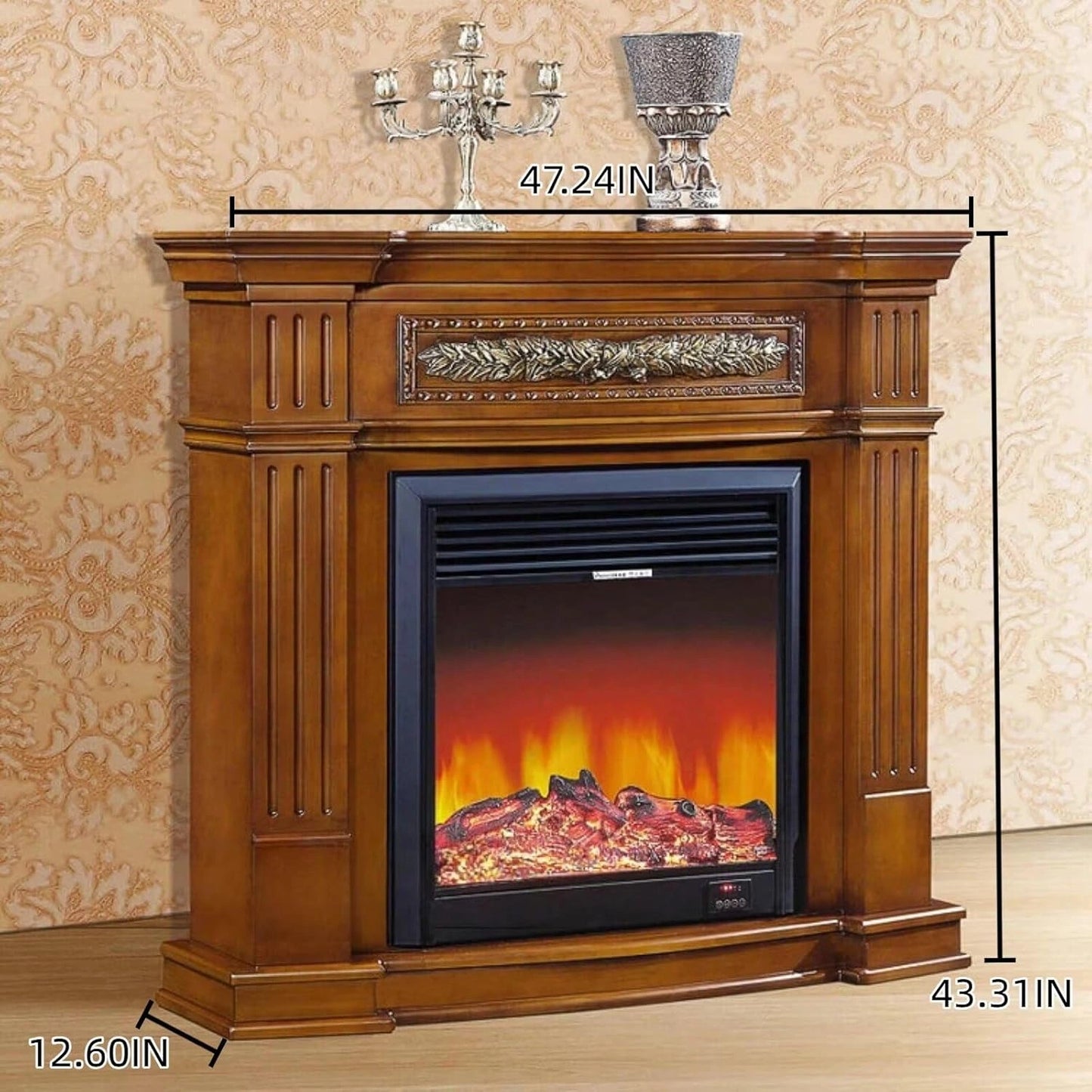 Aihm-Lon Brown Electric Fireplace Includes Ornate Carved Detail 47”