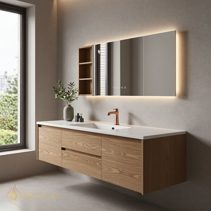 36''-64'' Floating Bathroom Vanity with Sink Sleek Natural Oak Grain Mirror Cabinet