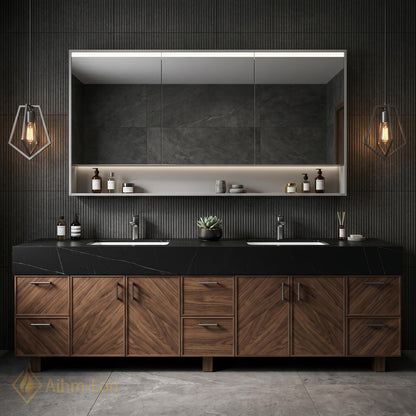 70''-96'' Double Bathroom Vanity with Sink Modern Floating Dark Stone Chevron Panels