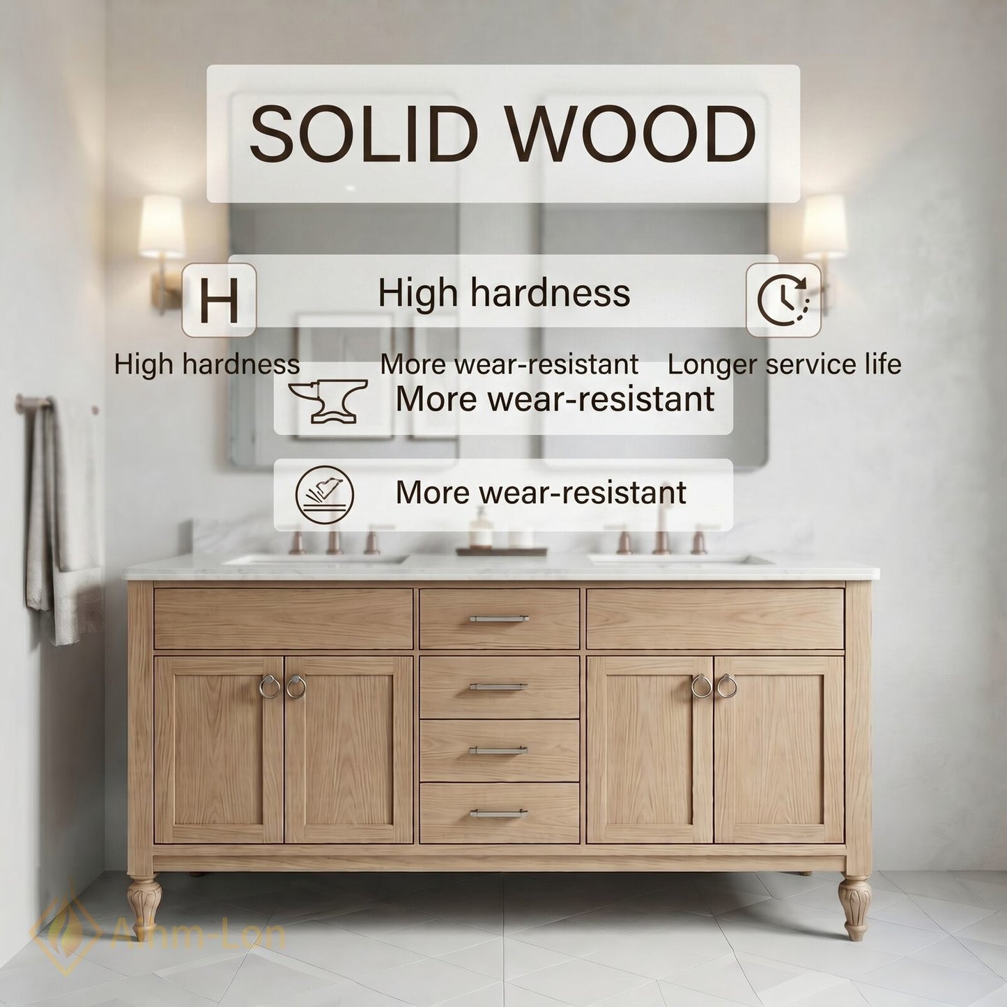 70''-96'' Double Bathroom Vanity with Sink Marble-Style Light Oak Cabinet Storage