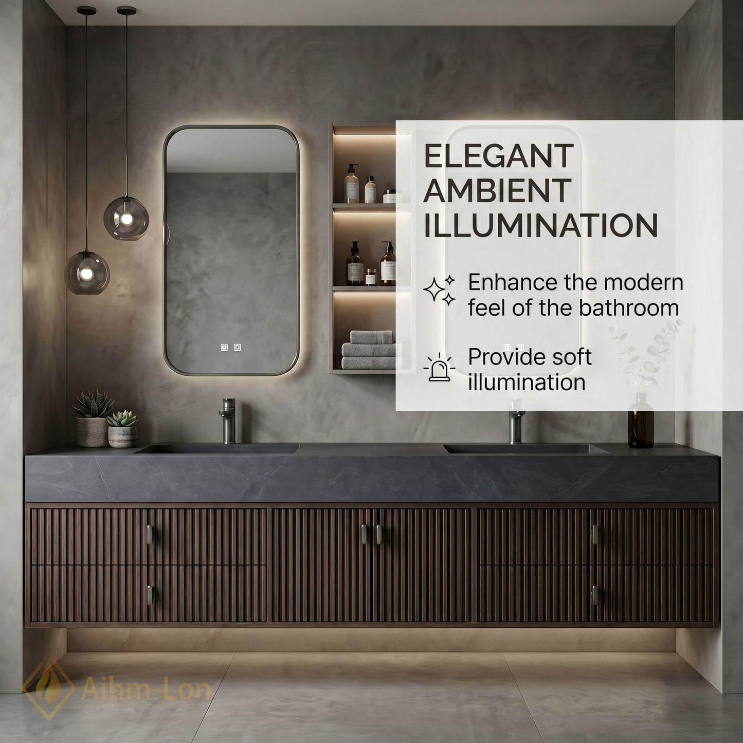 60''-96'' Double Bathroom Vanity with Sink Floating Wall-Mounted Cabinet Dark Stone Surface