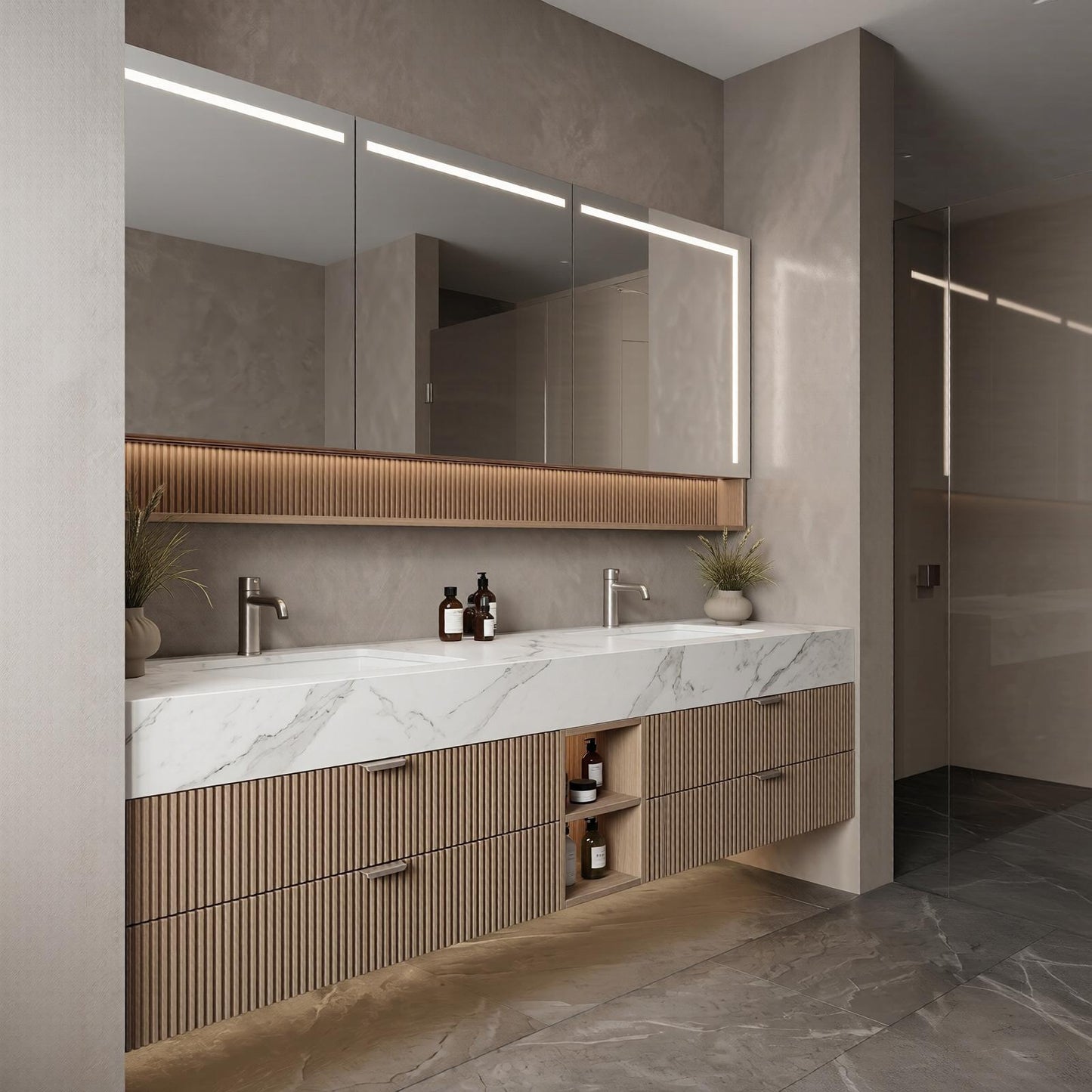 60''-96'' Modern Bathroom Vanity with Sink Floating White Marble Top Fluted Drawers