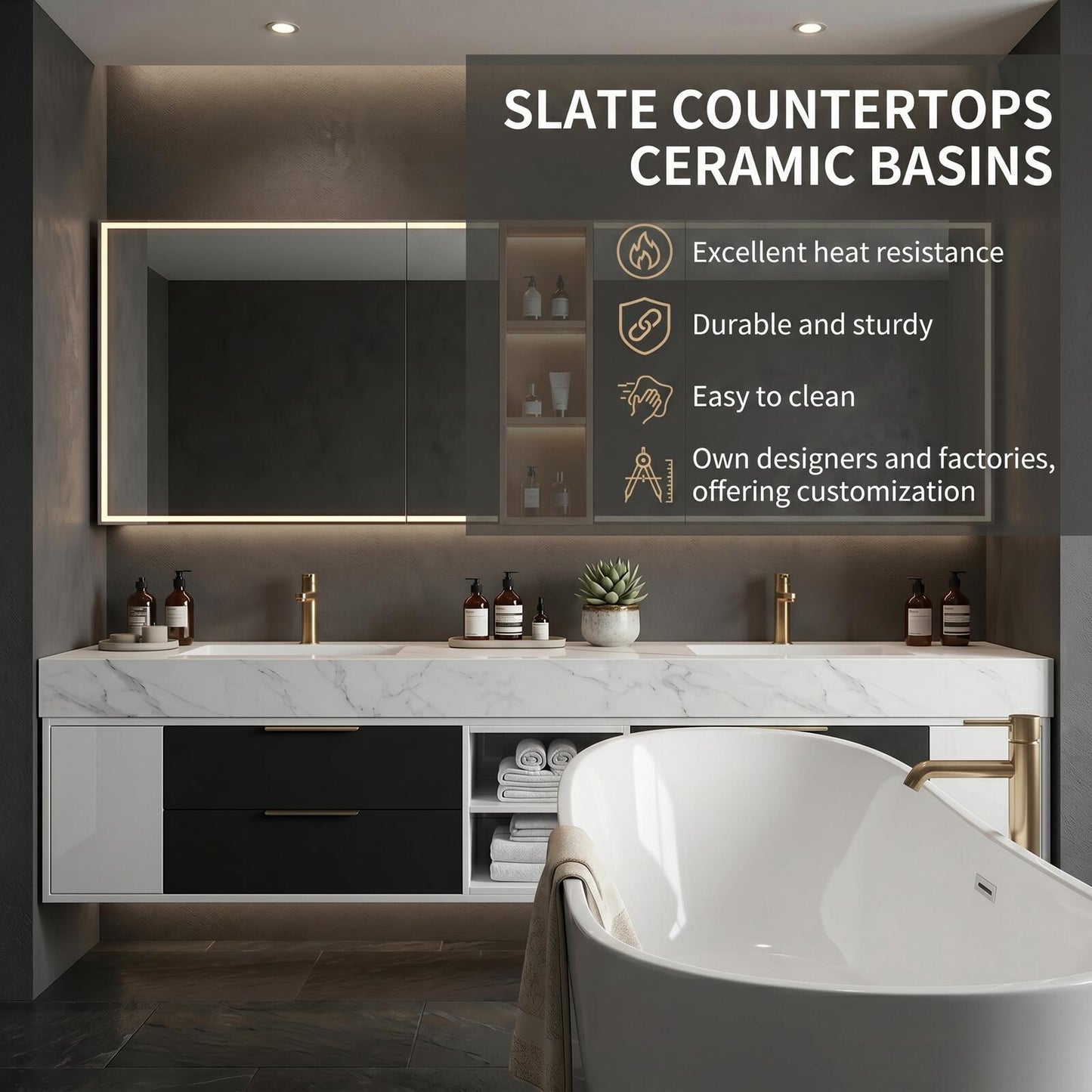 60''-96'' Modern Bathroom Vanity with Sink Double White Marble-Look Stone Top Cabinet