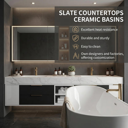 60''-96'' Modern Bathroom Vanity with Sink Double White Marble-Look Stone Top Cabinet