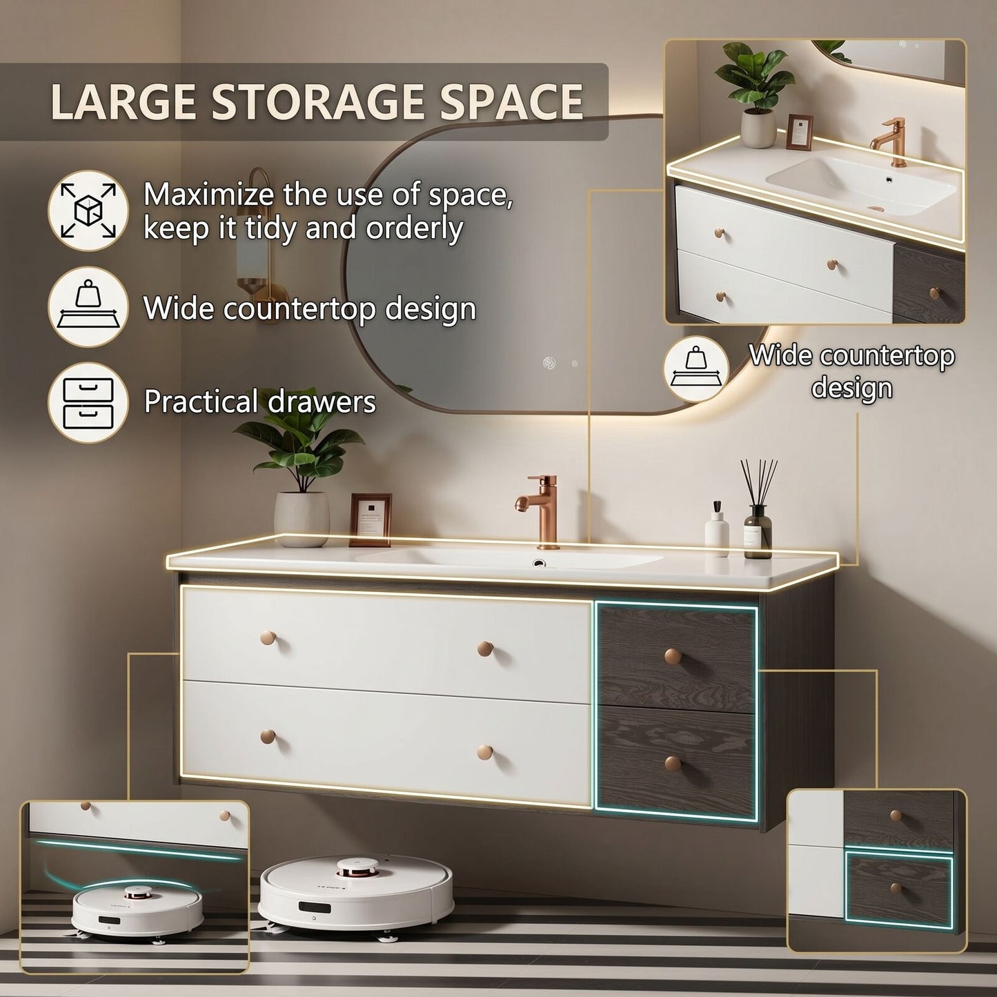 36''-64'' Modern Bathroom Vanity with Sink Floating Dual-Tone White Charcoal Smart Mirror