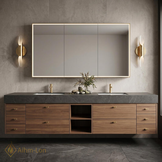 72''-96'' Double Bathroom Vanity with Sink Dark Floating Stone-Top Wooden Drawers