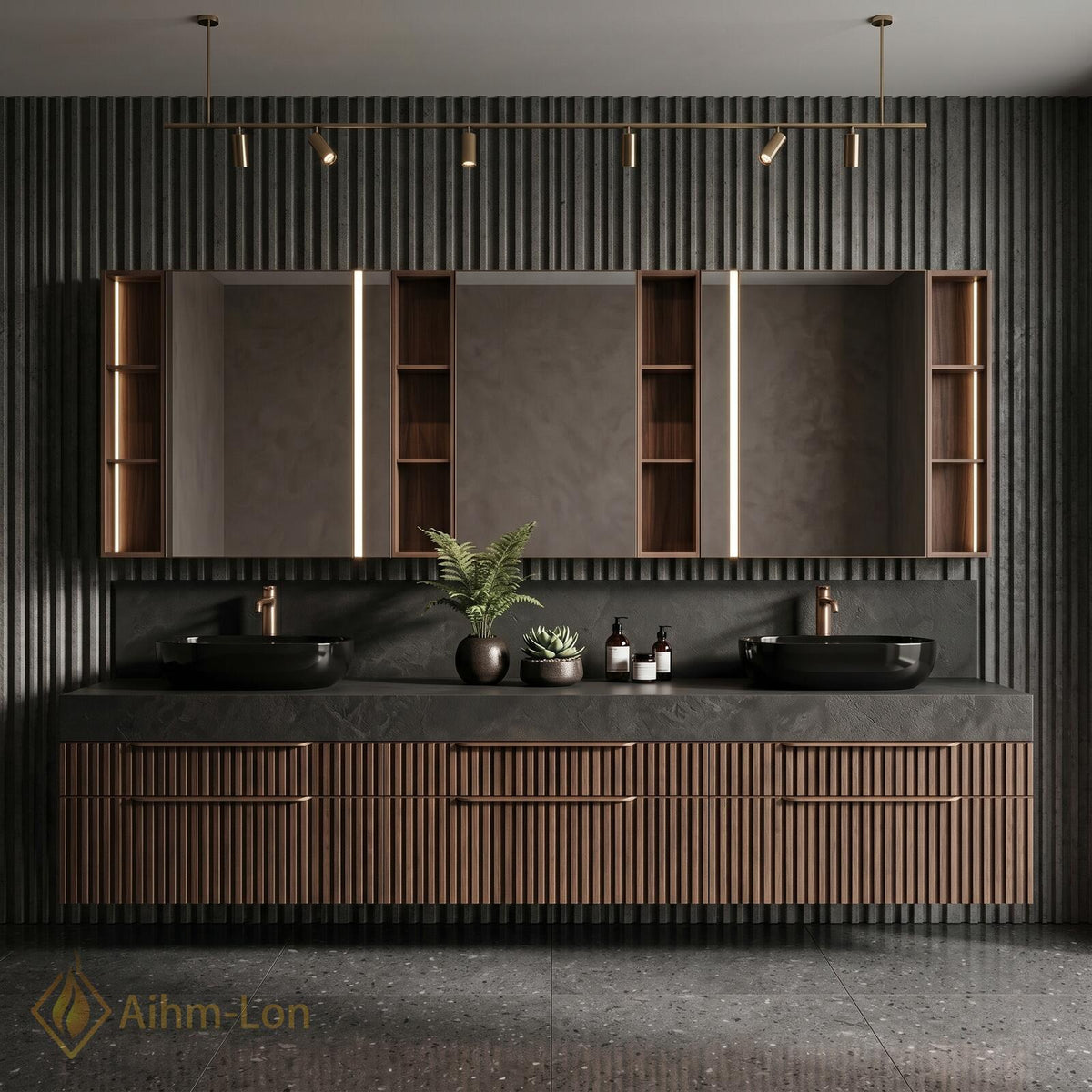60''-96'' Double Bathroom Vanity with Sink Stone Top Sleek Dark Finish Drawers