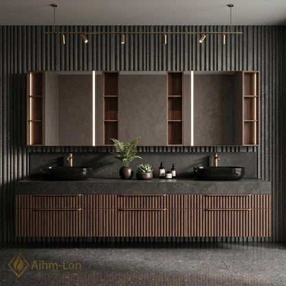 60''-96'' Double Bathroom Vanity with Sink Stone Top Sleek Dark Finish Drawers