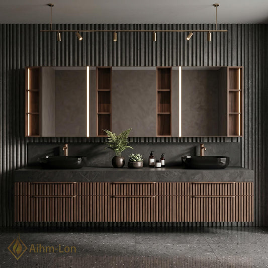 60''-96'' Double Bathroom Vanity with Sink Stone Top Sleek Dark Finish Drawers