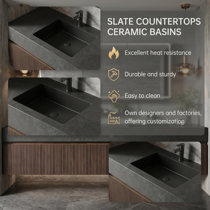 60''-96'' Double Bathroom Vanity with Sink Modern Floating Dark Stone Slatted Front Panel