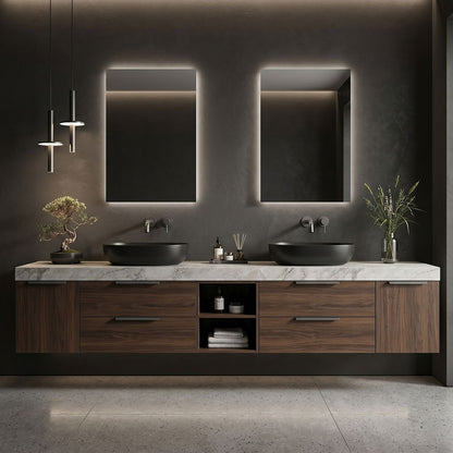 70''-96'' Modern Bathroom Vanity with Sink Floating Wall-Mounted White Marble Top Cabinet
