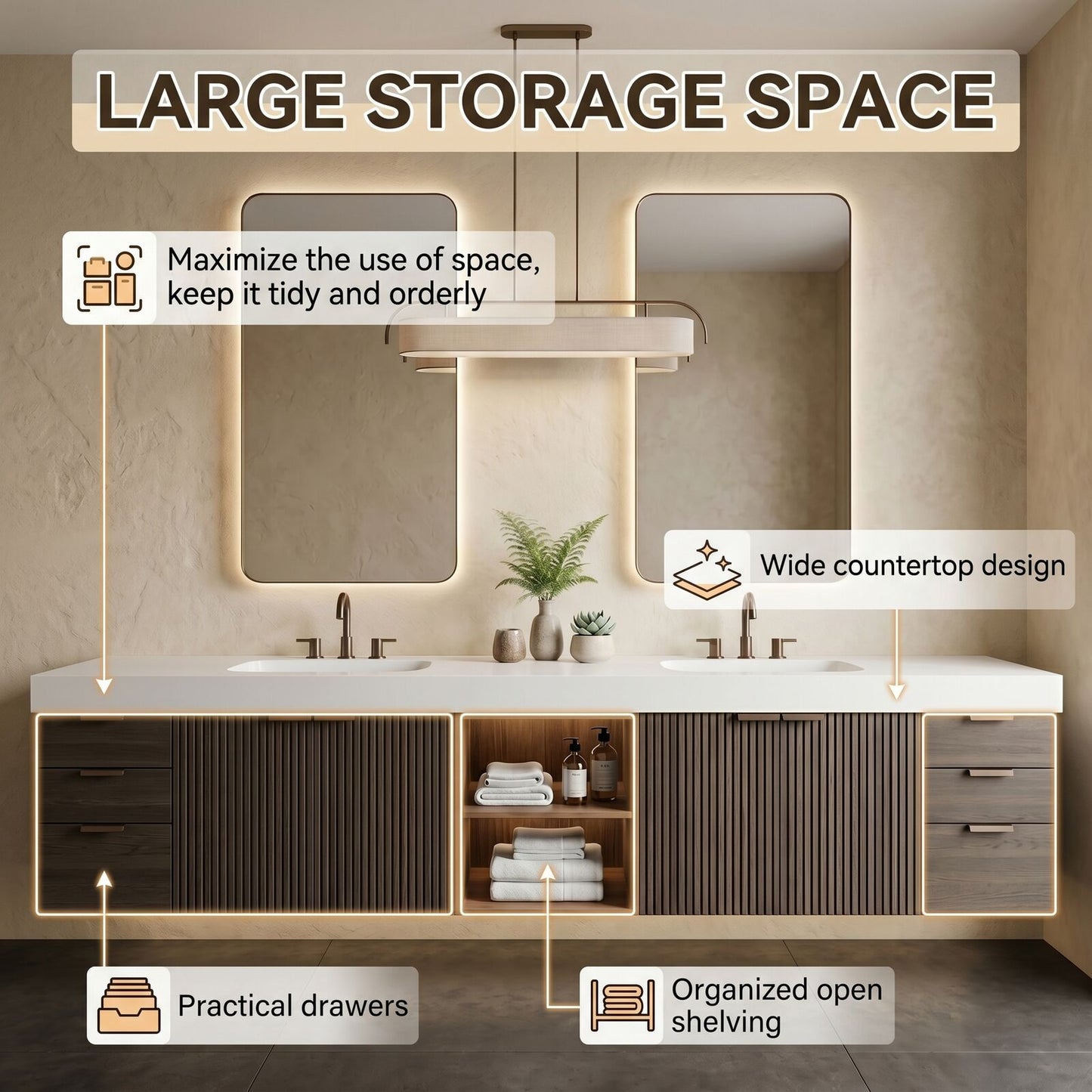 70''-96'' Modern Bathroom Vanity with Sink Vertical Ribbed Doors Solid Wood Cabinet