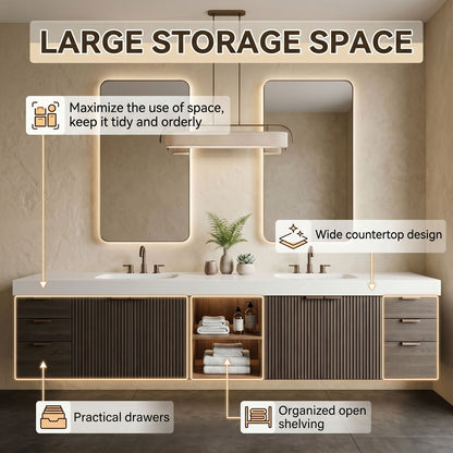 70''-96'' Modern Bathroom Vanity with Sink Vertical Ribbed Doors Solid Wood Cabinet