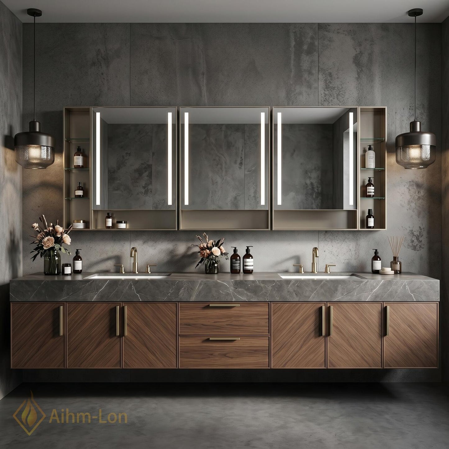 70''-96'' Double Bathroom Vanity with Sink Modern Dark Wood Grain Finish Glass