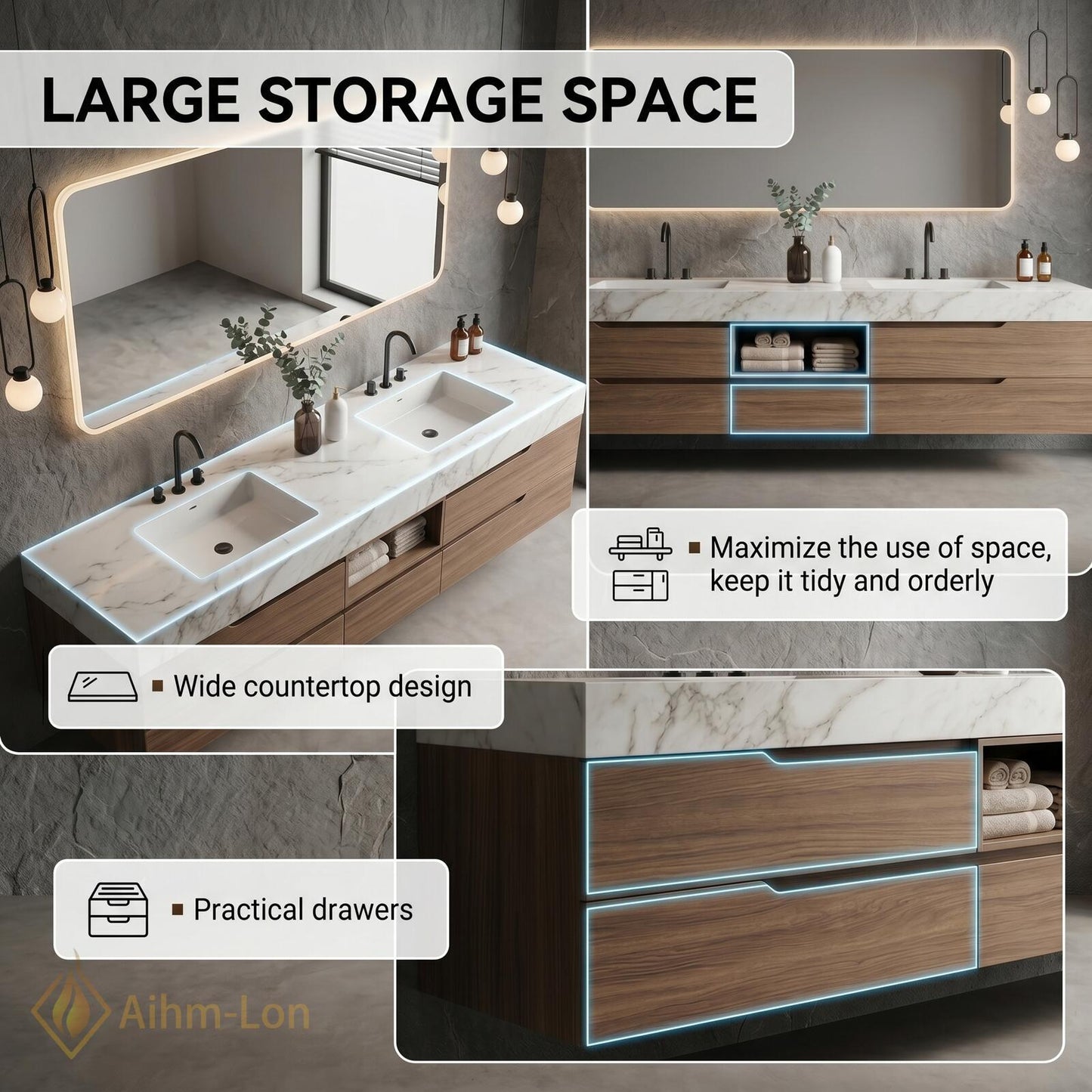 60''-96'' Double Bathroom Vanity with Sink Floating Stone-Top Open Storage Elegant