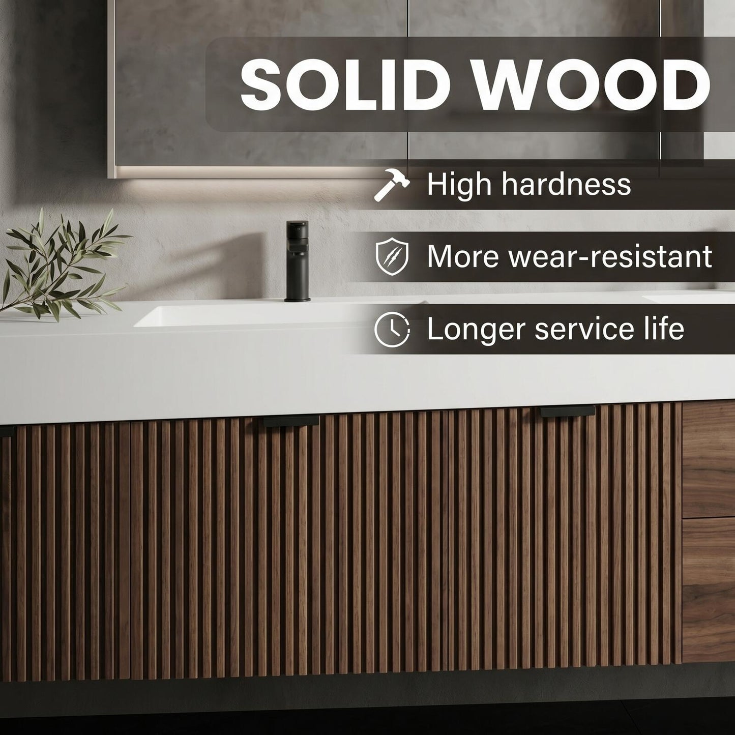 60''-96'' Modern Bathroom Vanity with Sink Double Sink Slatted Wood Front Solid Drawers Cabinet