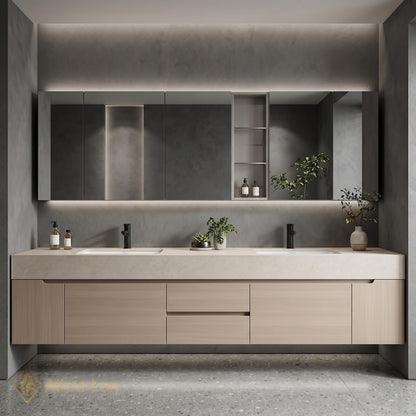 60''-96'' Double Bathroom Vanity with Sink Light-Wood Modern Grain Floating Countertop