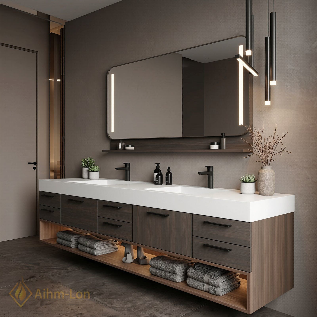 72''-96'' Double Bathroom Vanity with Sink Floating Design Dark Wood Finish Integrated