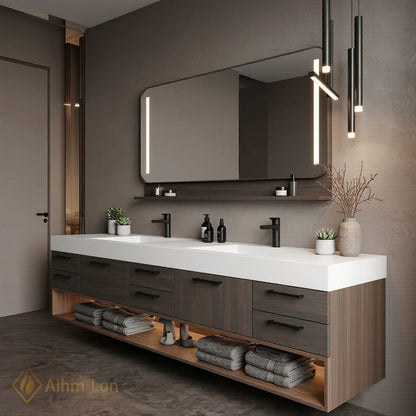 72''-96'' Double Bathroom Vanity with Sink Floating Design Dark Wood Finish Integrated