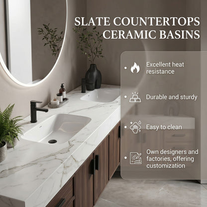 78''-96'' Modern Bathroom Vanity with Sink Double Sink Dark Wood Frame Round Mirror Cabinet