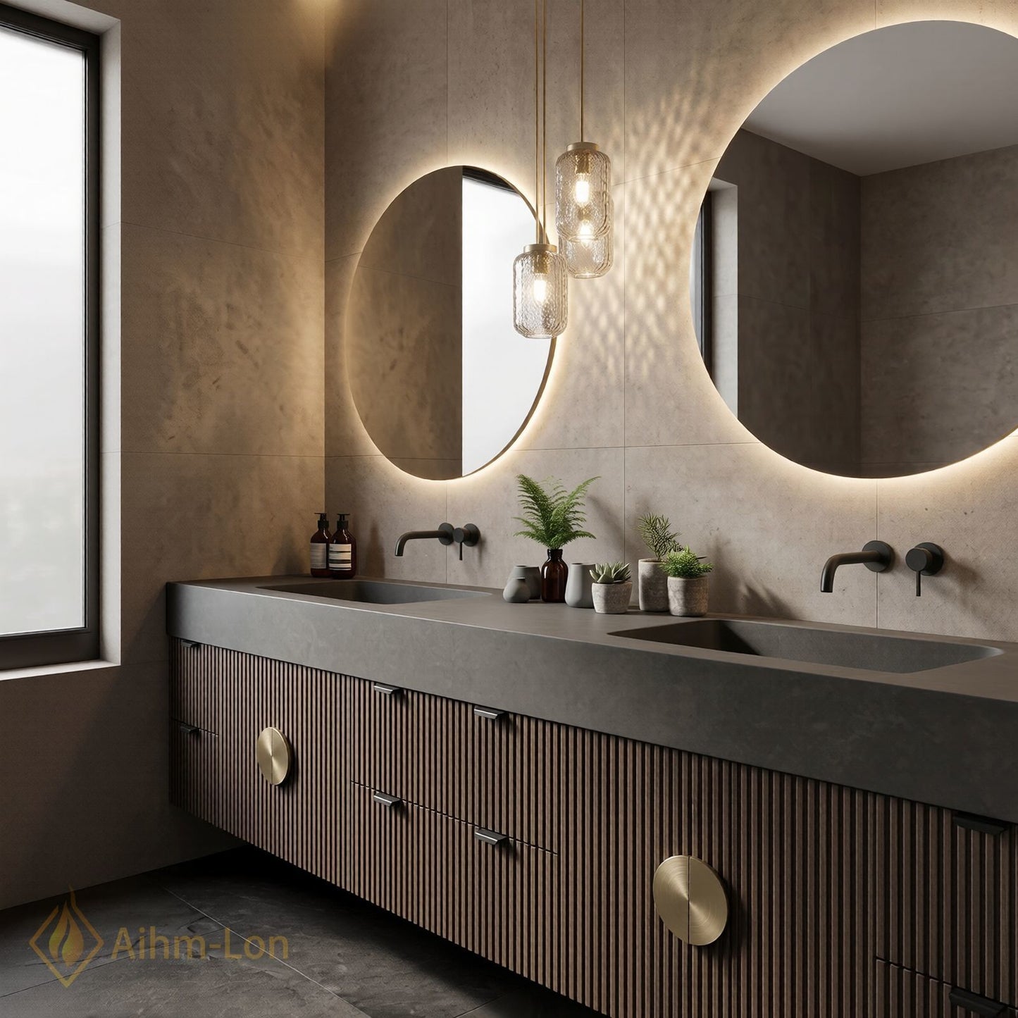 70''-96'' Double Bathroom Vanity with Sink Modern Slatted Vertical Panels Solid Brass
