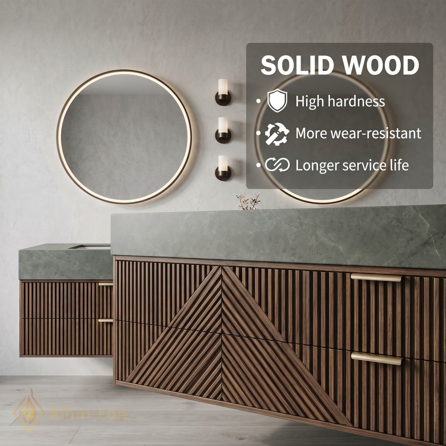 60''-96'' Double Bathroom Vanity with Sink Geometric Wood Panels Floating Design Dual
