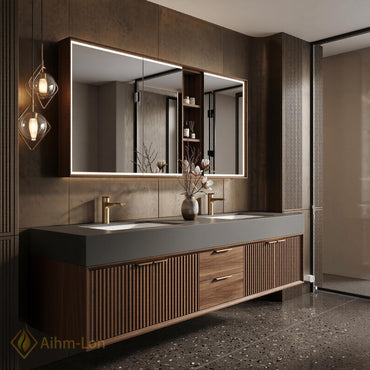 60''-96'' Double Bathroom Vanity with Sink Grey Stone Top Slatted Wood Finish