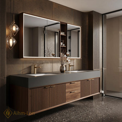 60''-96'' Double Bathroom Vanity with Sink Grey Stone Top Slatted Wood Finish