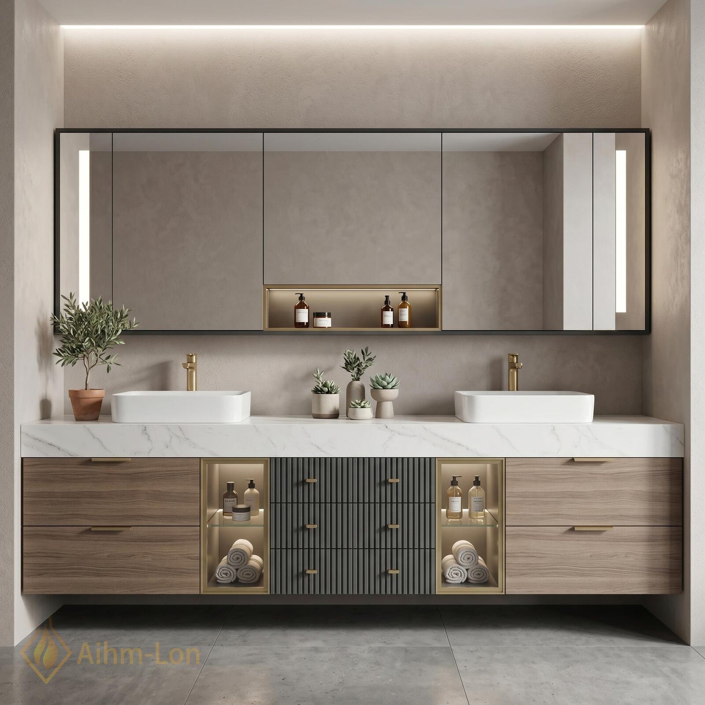 72''-96'' Double Bathroom Vanity with Sink Warm-Wood Floating Glass Storage Sleek