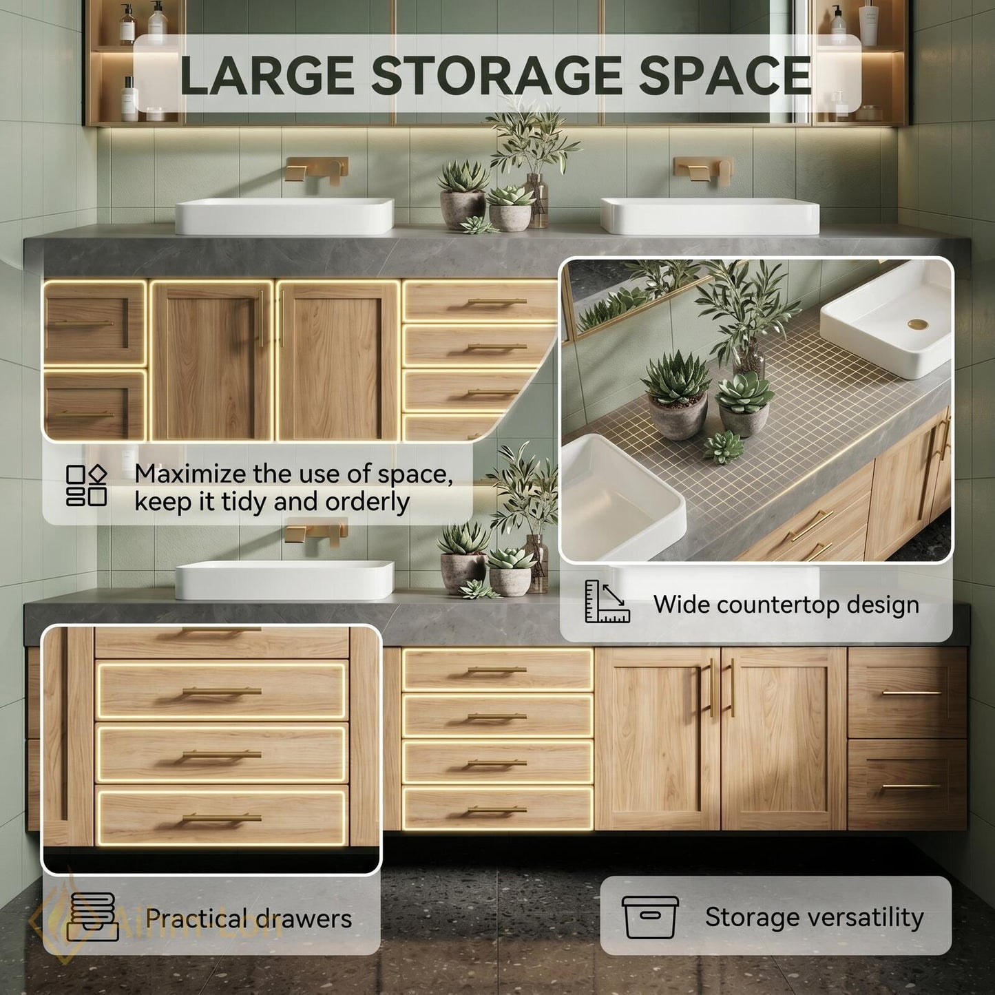 78''-96'' Double Bathroom Vanity with Sink Slatted Center Warm Oak Finish Cabinet
