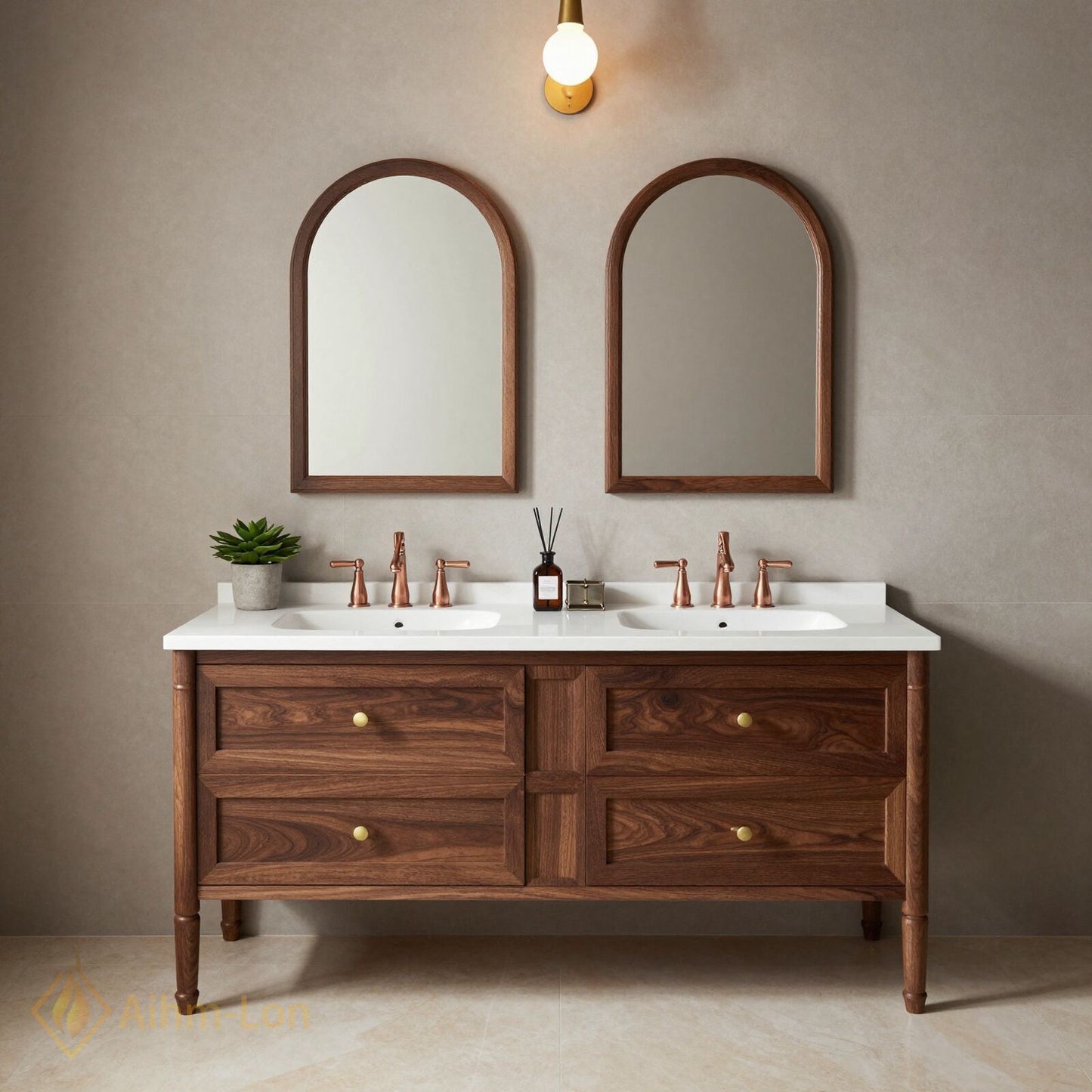 60''-96'' Modern Bathroom Vanity with Sink Walnut White Stone Copper Hardware Drawers