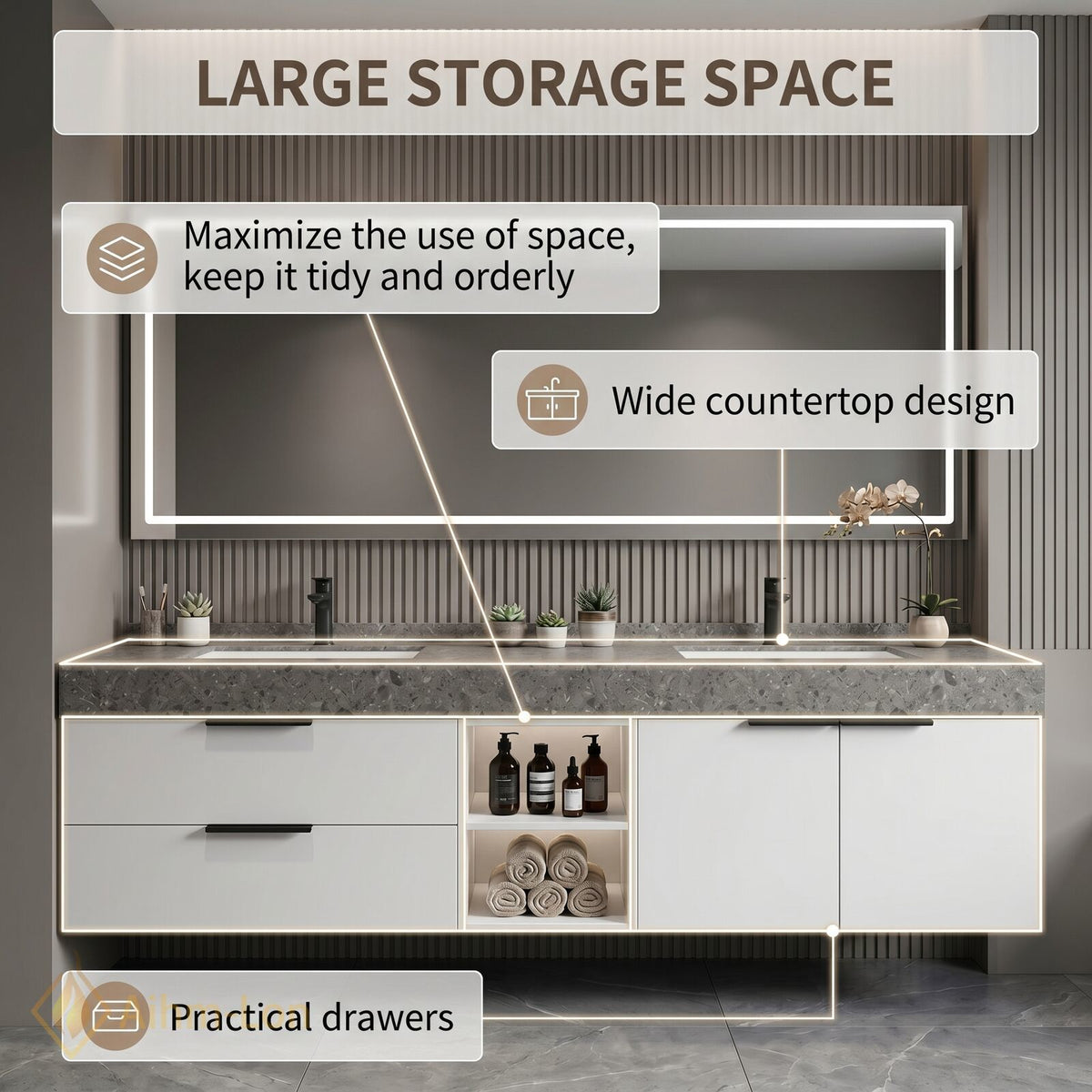 60''-96'' Double Bathroom Vanity with Sink Illuminated Mirror Cabinet Grey Stone Top