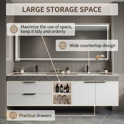 60''-96'' Double Bathroom Vanity with Sink Illuminated Mirror Cabinet Grey Stone Top