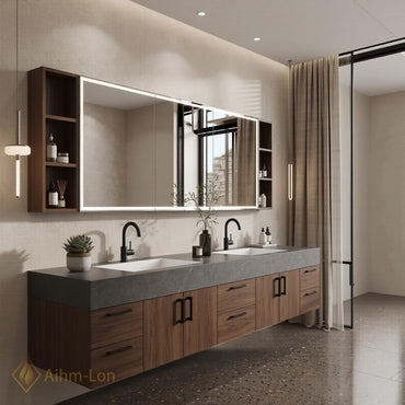 60''-96'' Double Bathroom Vanity with Sink Dark Walnut Finish Gray Stone Top