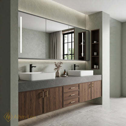 60''-96'' Double Bathroom Vanity with Sink Modern Floating Dark Walnut Slatted Panel