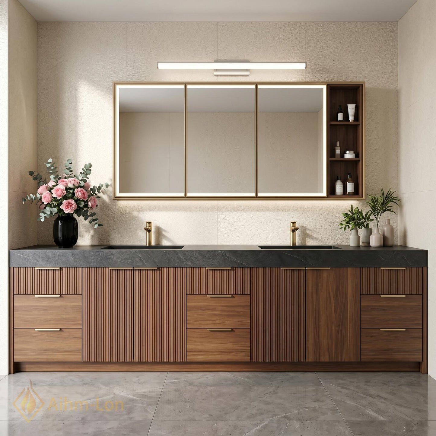 78''-96'' Double Bathroom Vanity with Sink Modern Floating Dark Walnut Slatted Panels