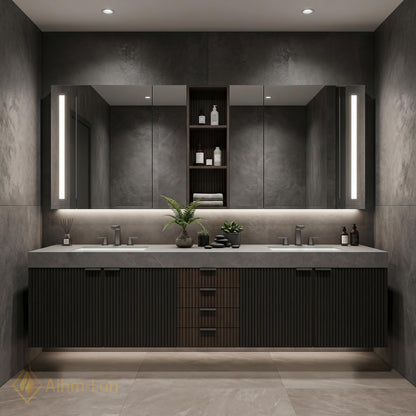 70''-96'' Double Bathroom Vanity with Sink Vertical Slatted Panels Central Drawer Storage