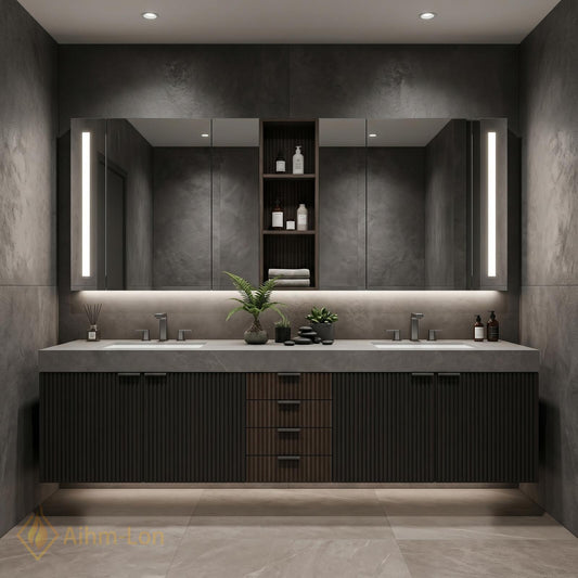 70''-96'' Double Bathroom Vanity with Sink Vertical Slatted Panels Central Drawer Storage